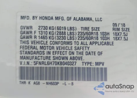 2019 Honda Odyssey Ex-L from USA, damaged, VIN 5FNRL6H70KB040327